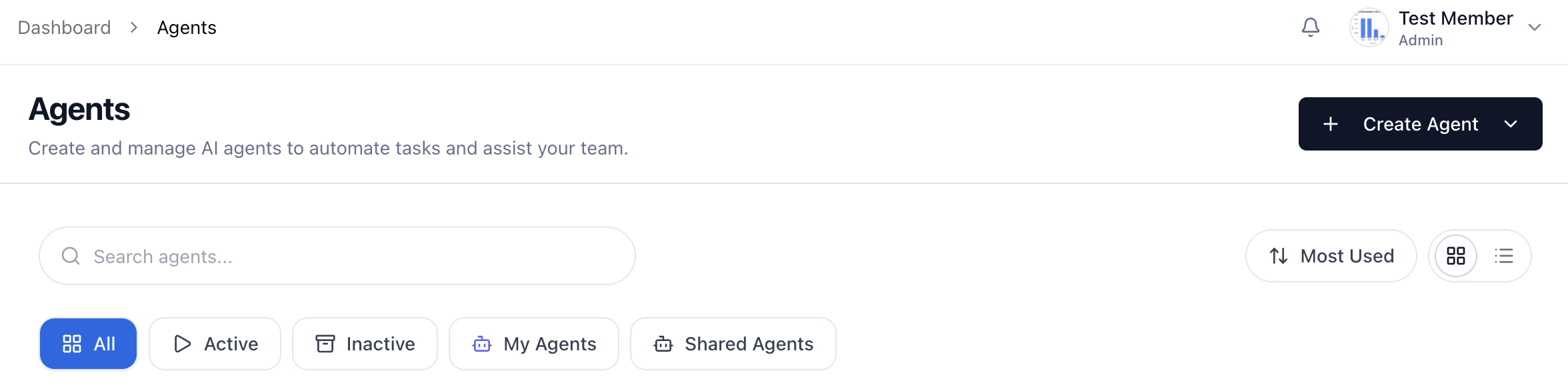 Agents page with Create Agent button