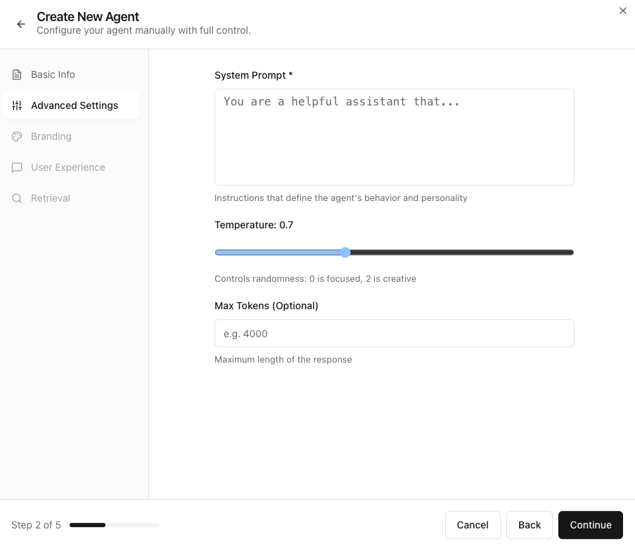 Create agent modal - Advanced tab