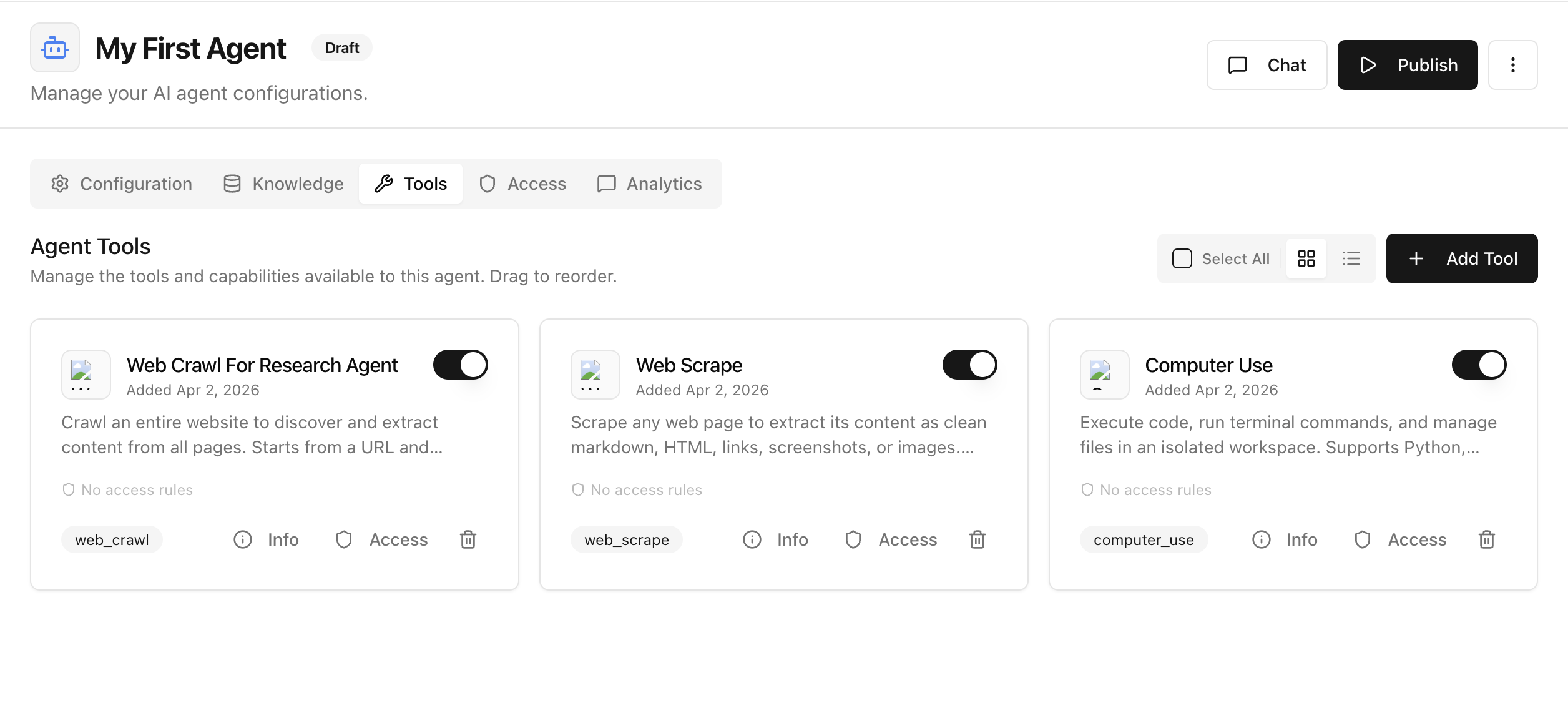 Agent page with Publish button