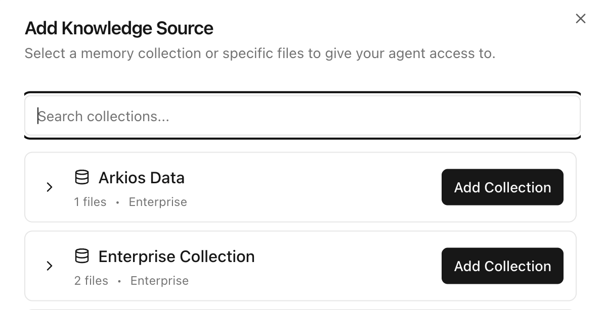 Add Knowledge Source modal with collections