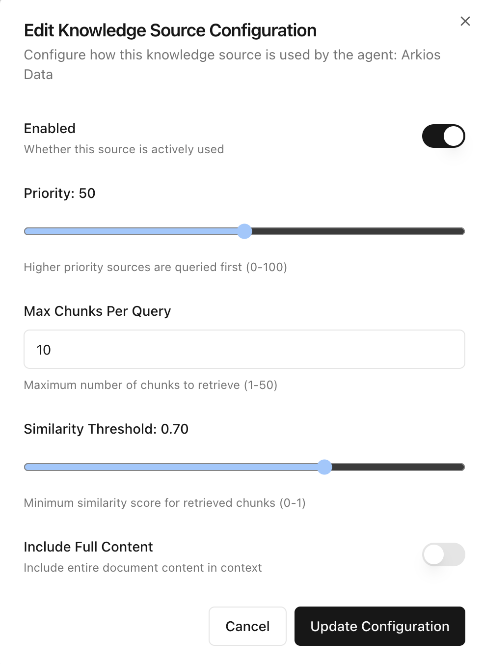 Knowledge source card with action menu