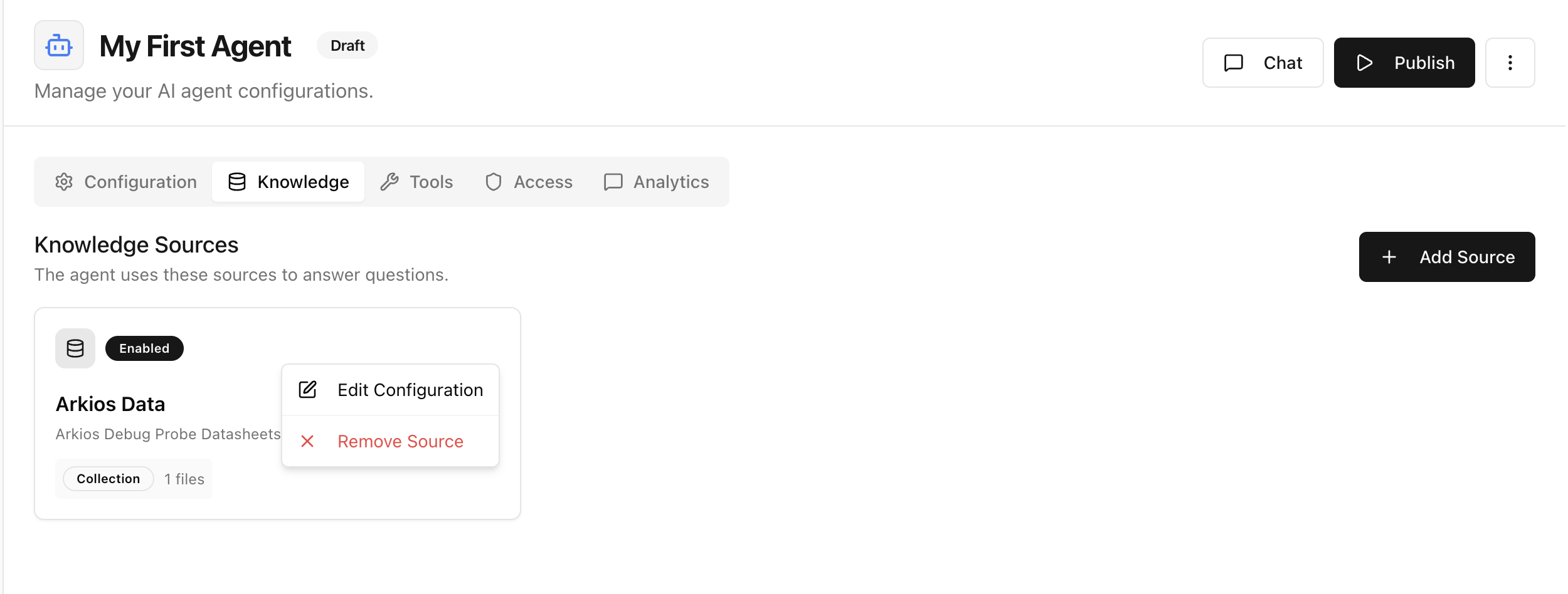 Edit knowledge source configuration modal
