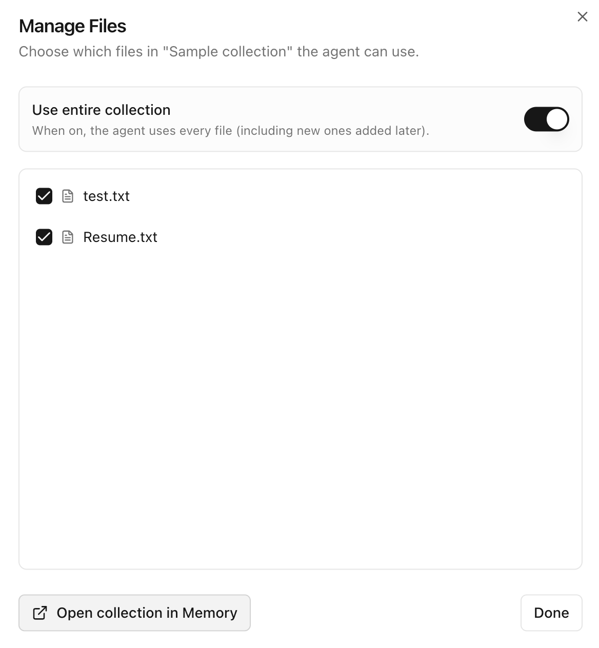 Manage Files dialog showing per-file checkboxes