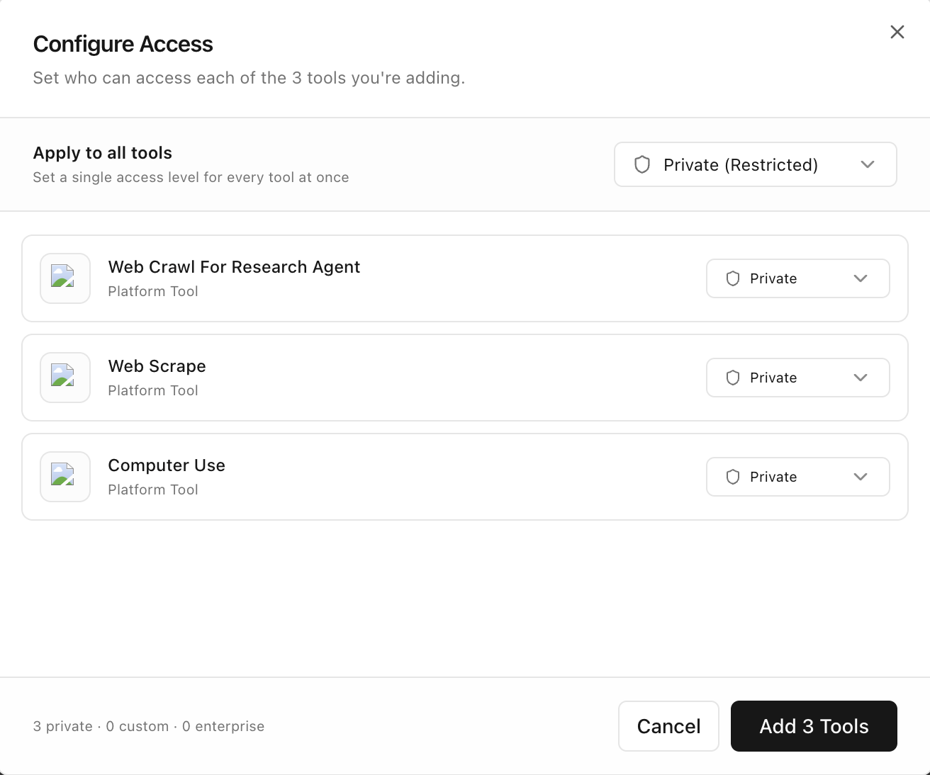 Configure access modal for added tools