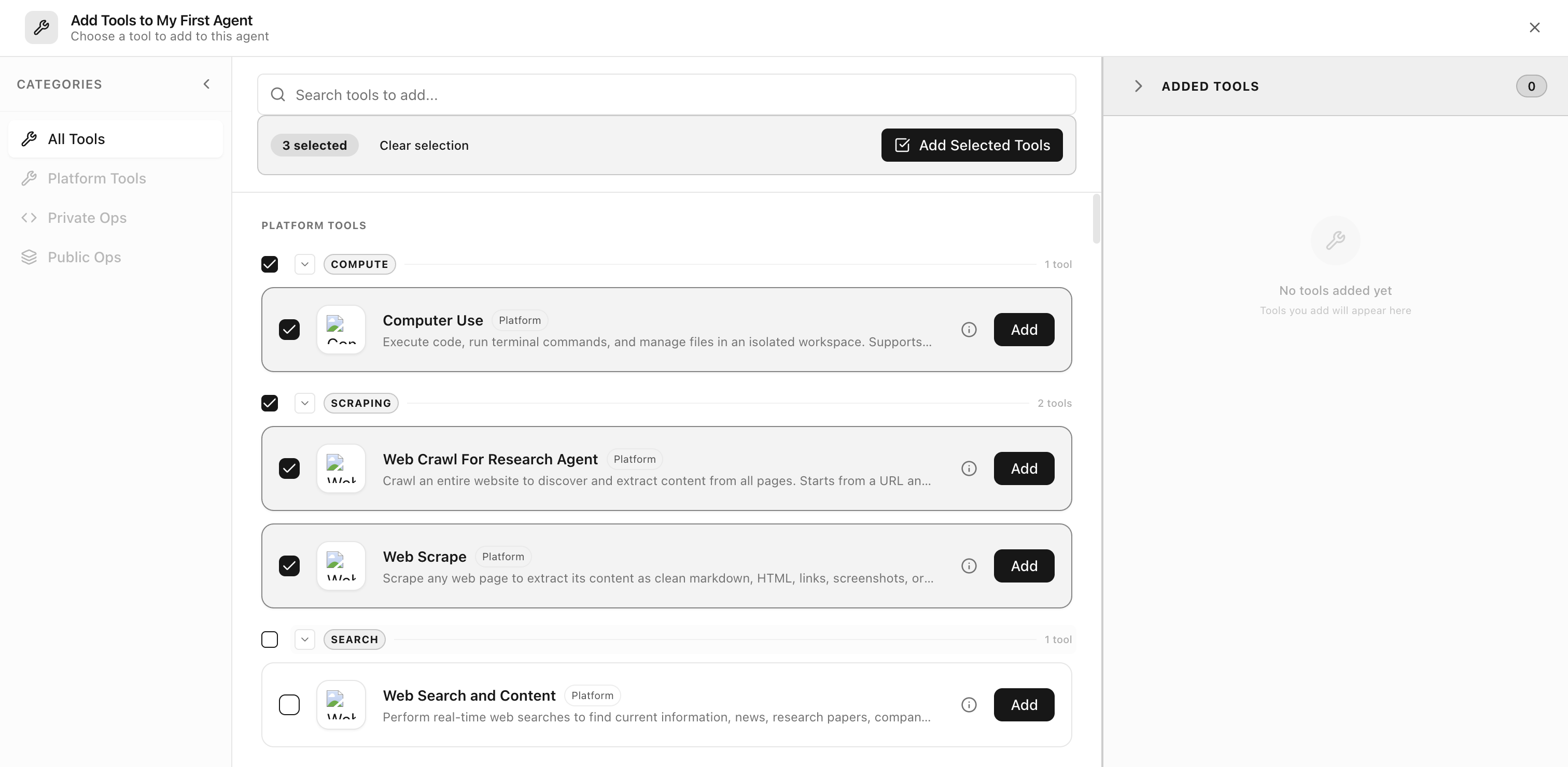 Tool selection modal with multiple tools selected