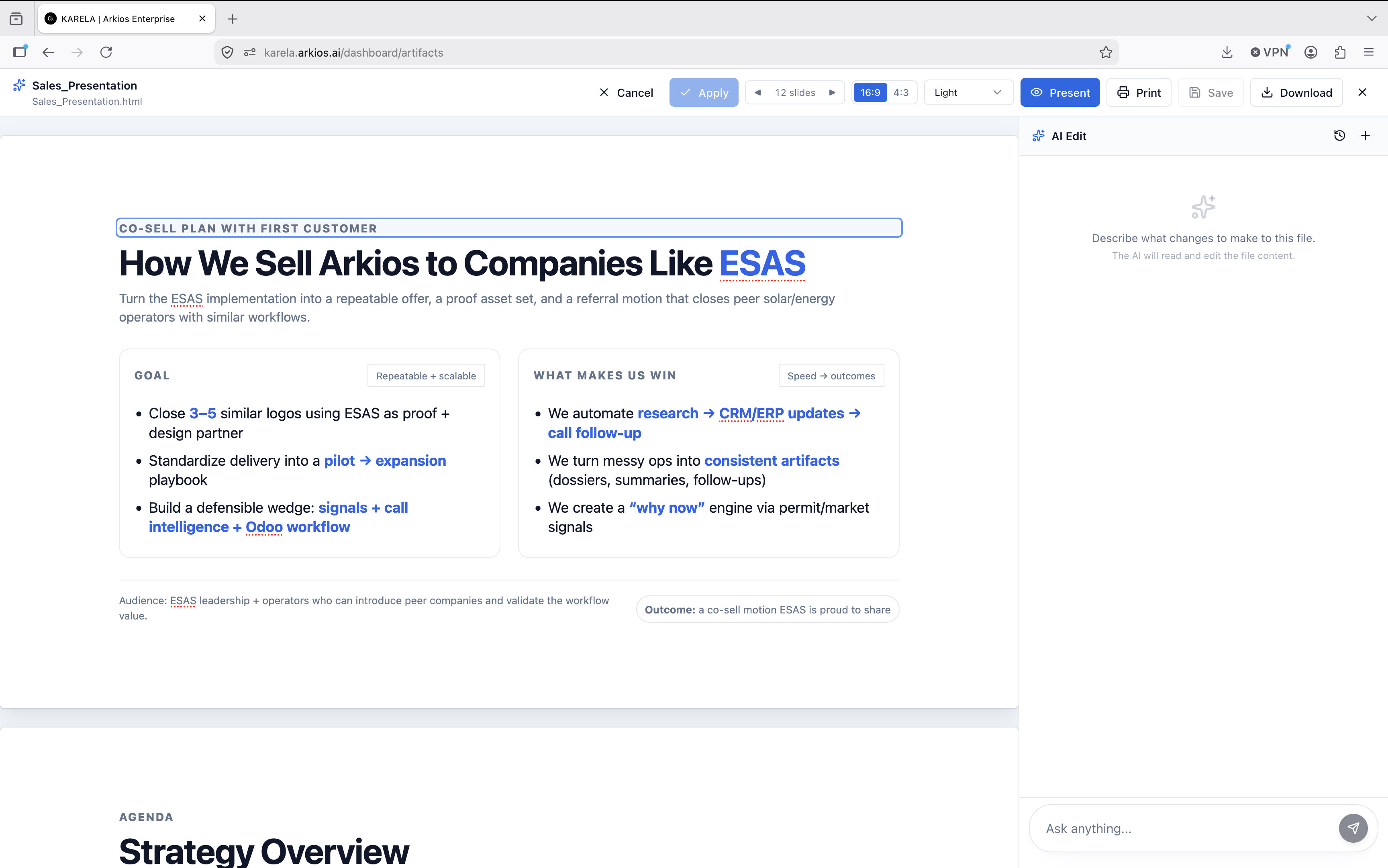 The Arkios AI presentation maker editor with a generated, data-grounded slide deck open for review