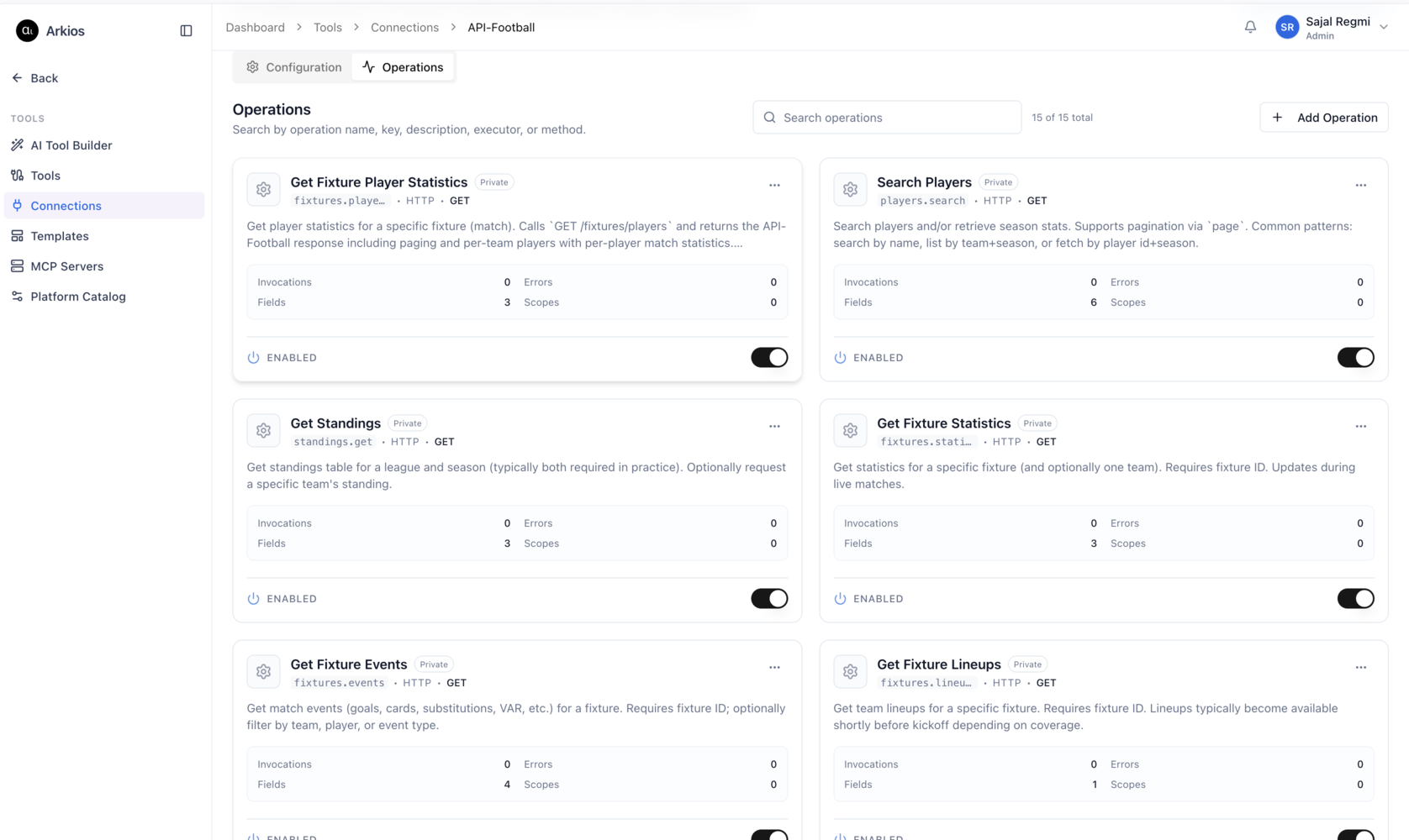 The Arkios Tools Hub showing generated API-Football operations such as Get Fixture Player Statistics, Search Players, and Get Standings ready to use