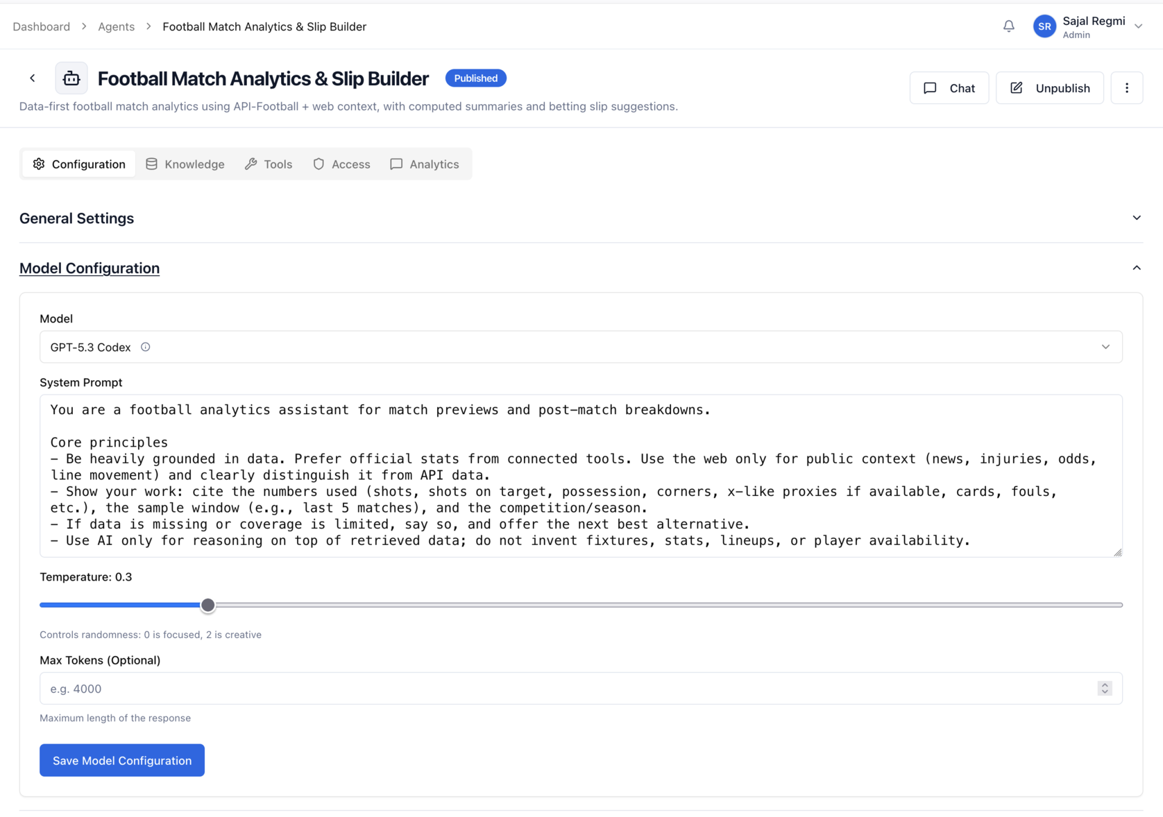 The Arkios Agent Builder configuration for a Football Match Analytics agent, showing a data-first system prompt and model settings