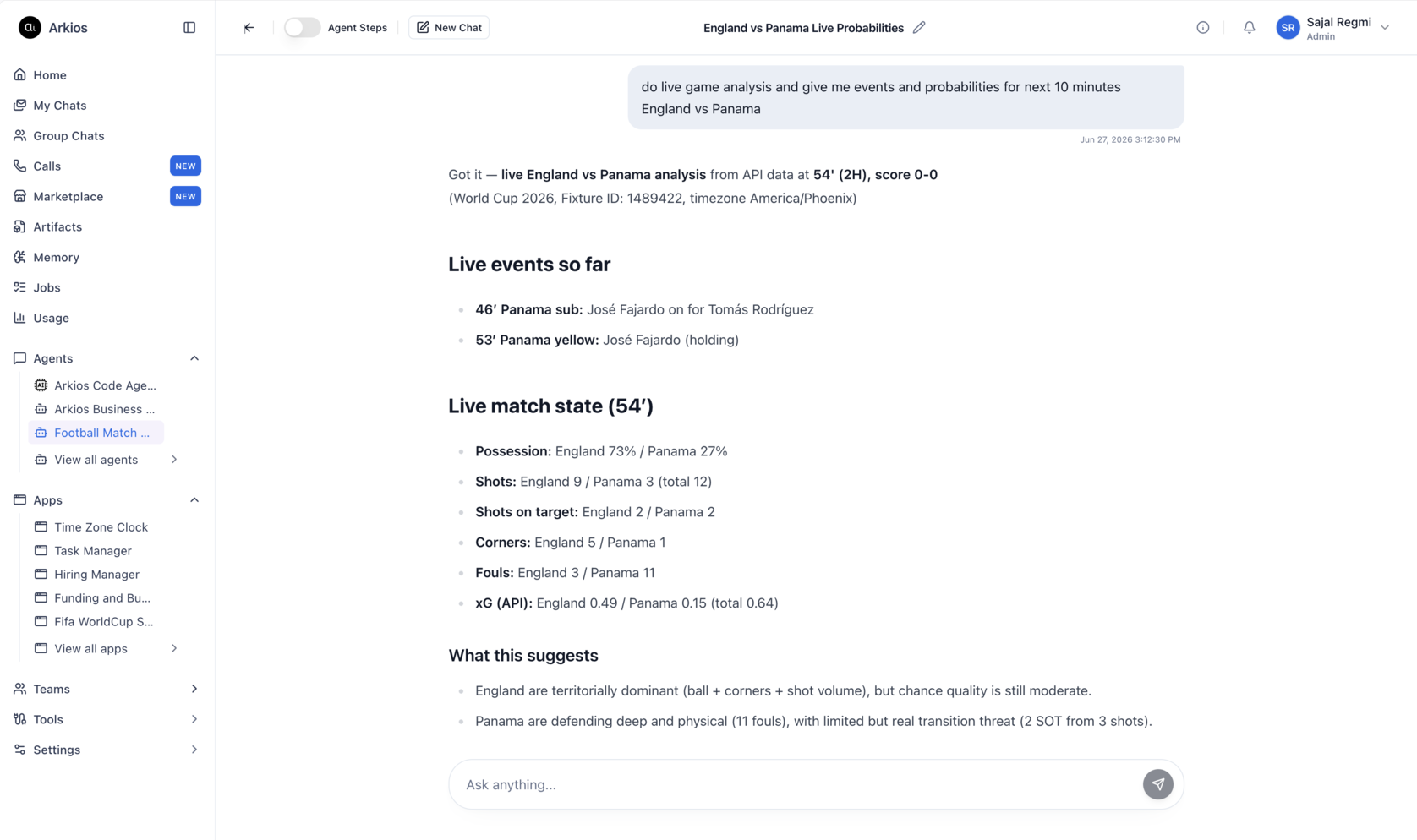 An Arkios chat running live in-play analysis for England versus Panama, showing live events, possession, shots, expected goals, and probabilities for the next ten minutes