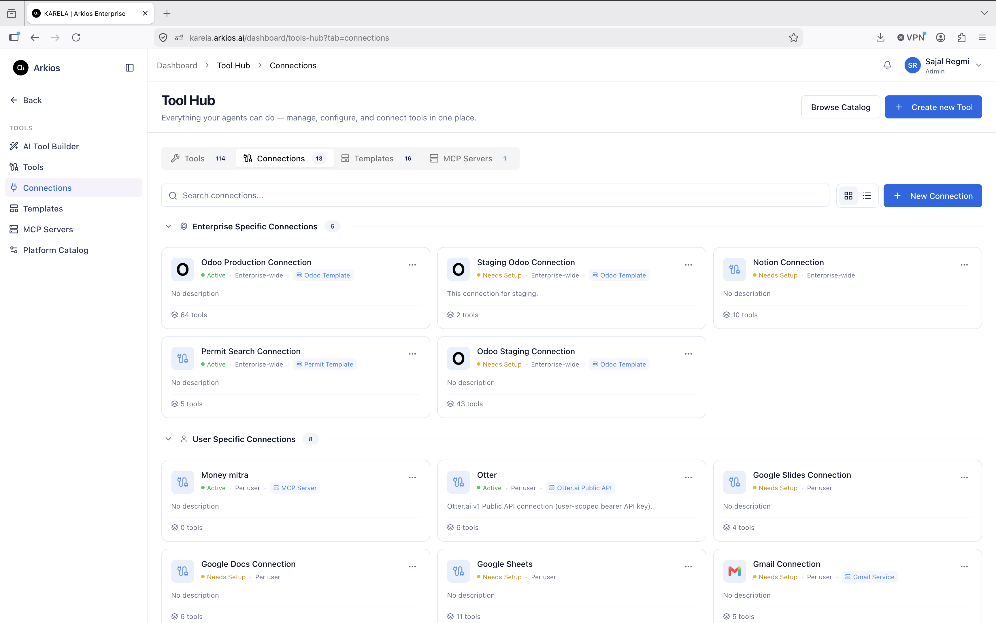 The Arkios Tools Hub listing enterprise MCP servers and ready-made connector templates for internal tools