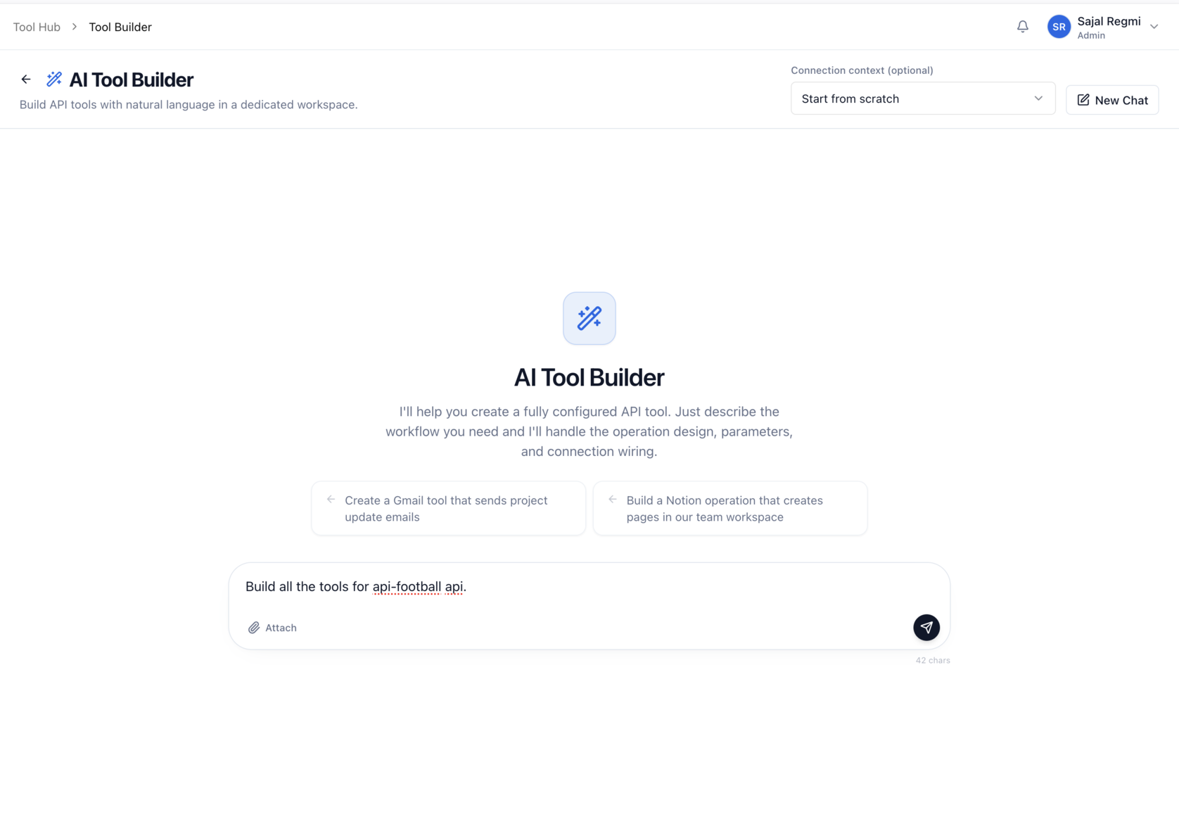 The Arkios AI Tool Builder with a plain-language prompt, "Build all the tools for api-football api," ready to generate fully configured operations