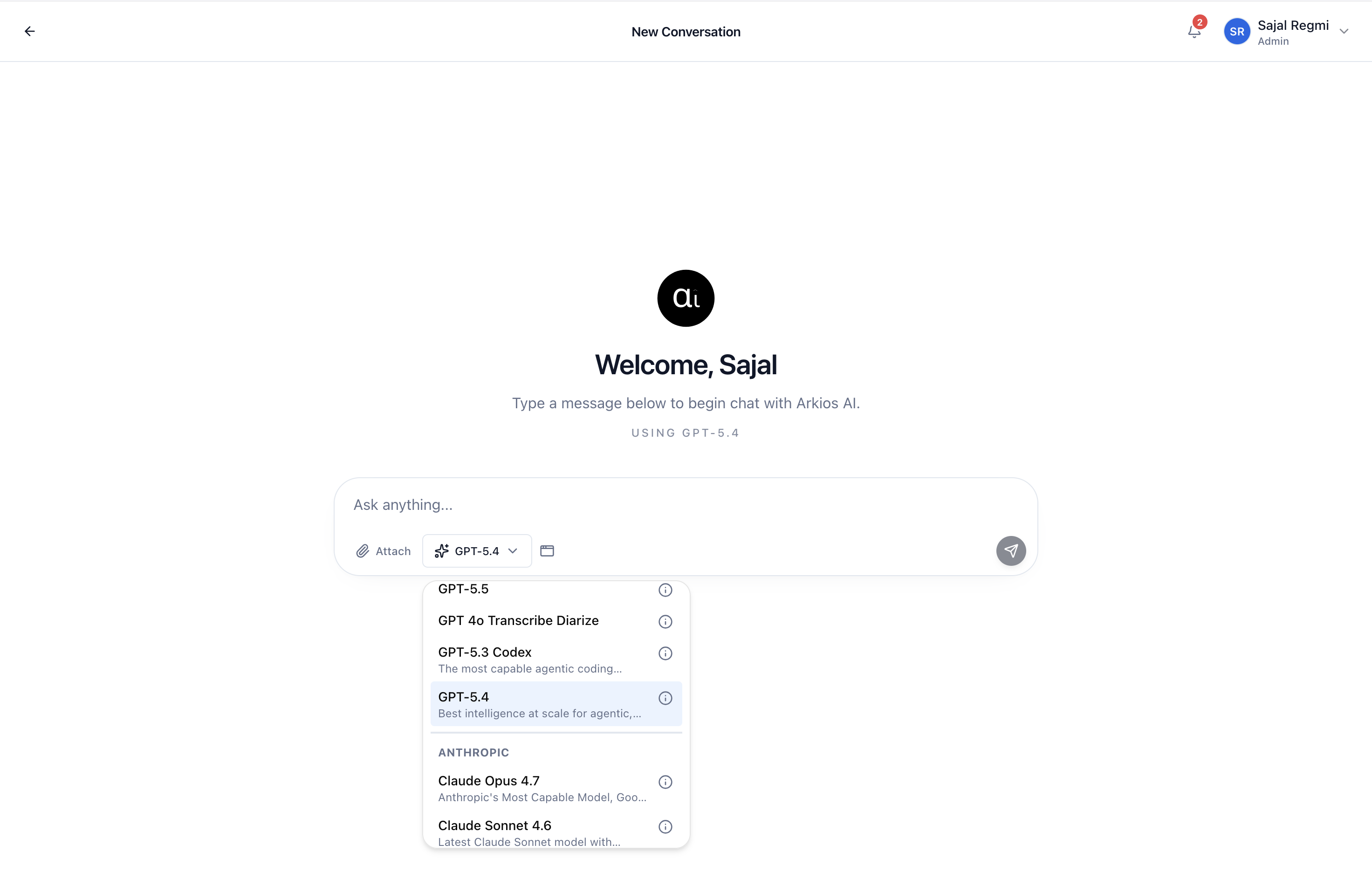 The model picker in a secure AI chat platform for business, with 20+ LLM models from multiple providers to choose from