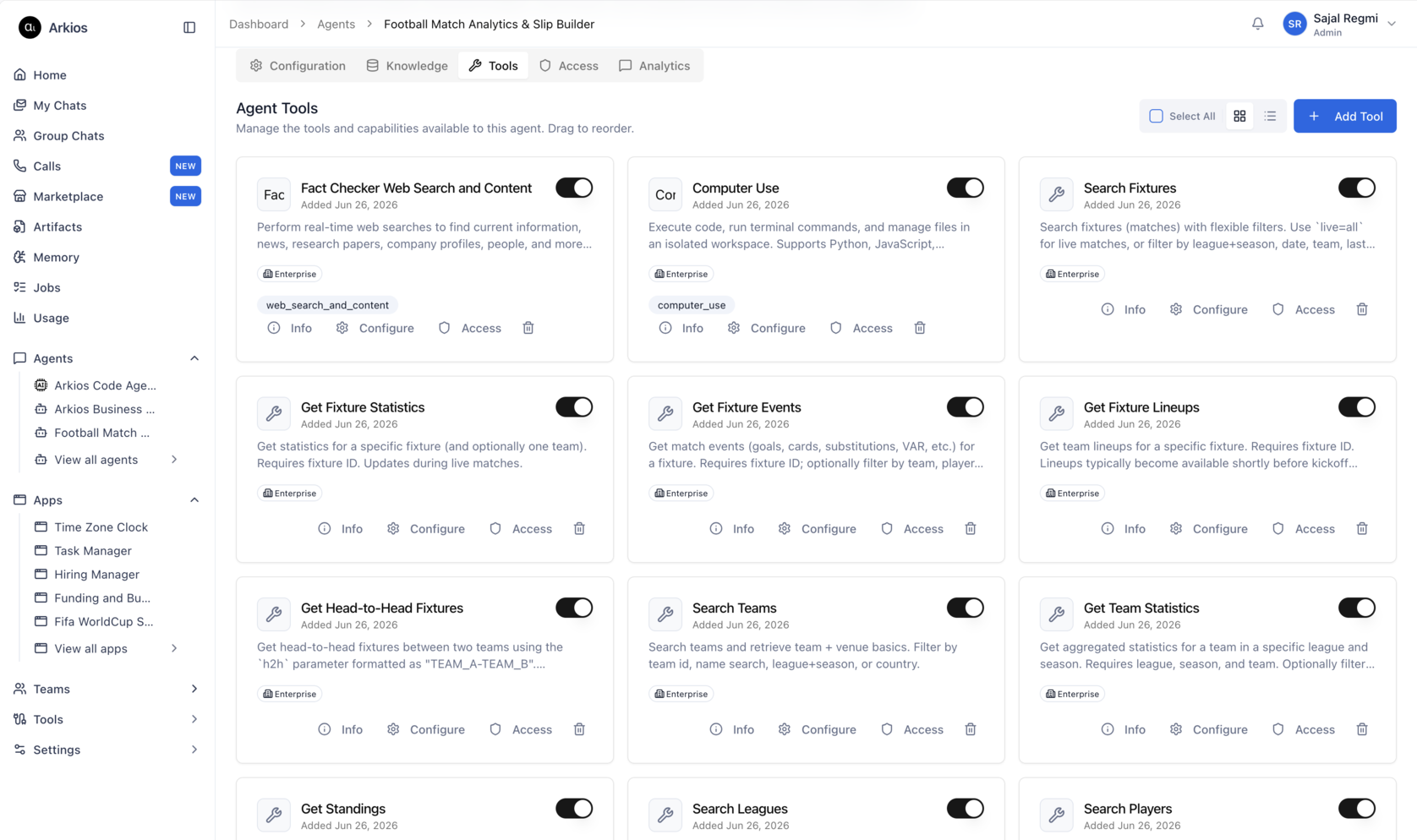The Tools tab of the Football Match agent in Arkios, with API-Football operations like Get Fixture Statistics, Get Head-to-Head Fixtures, and Get Standings attached