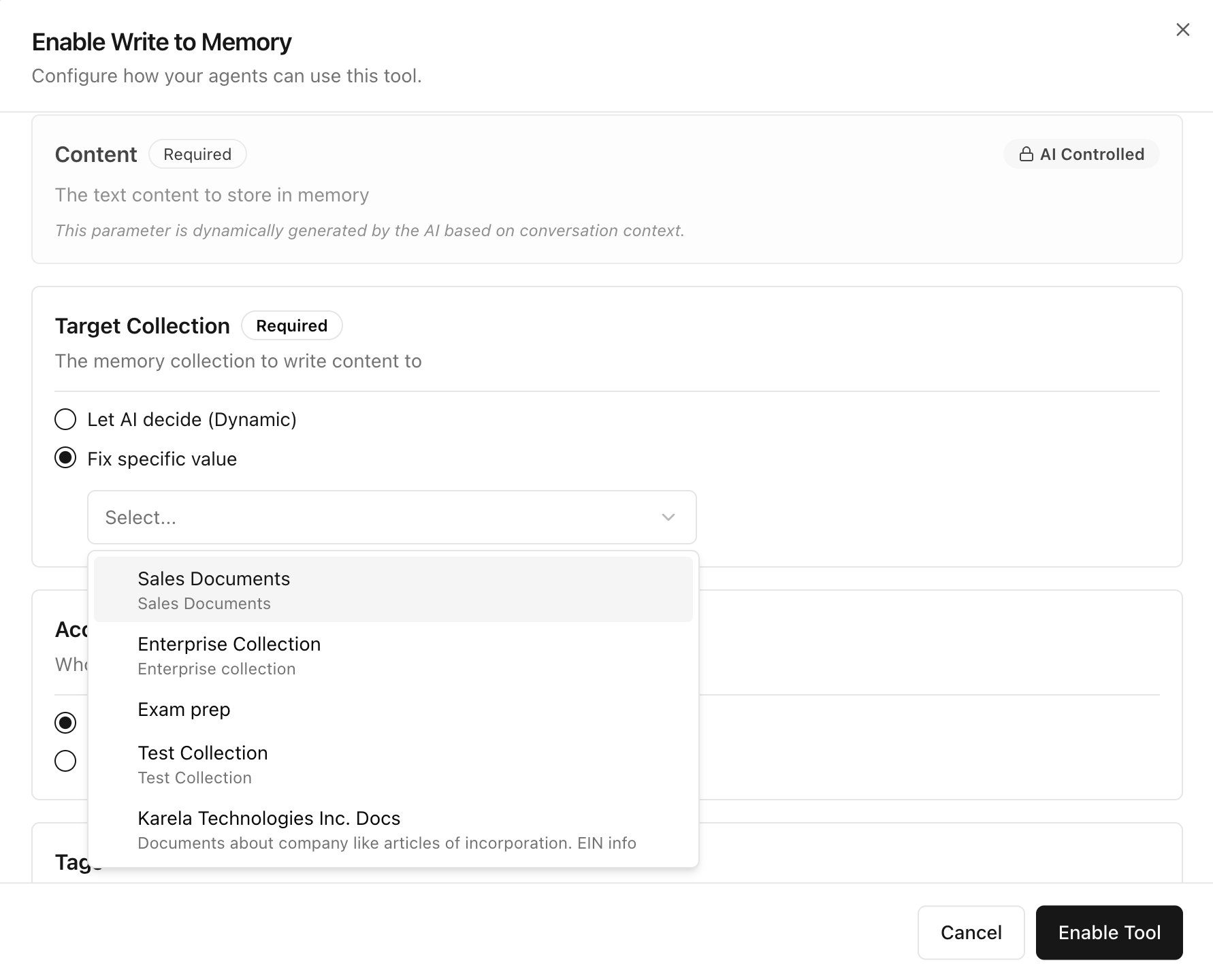 Write to Memory tool configuration and collection selection