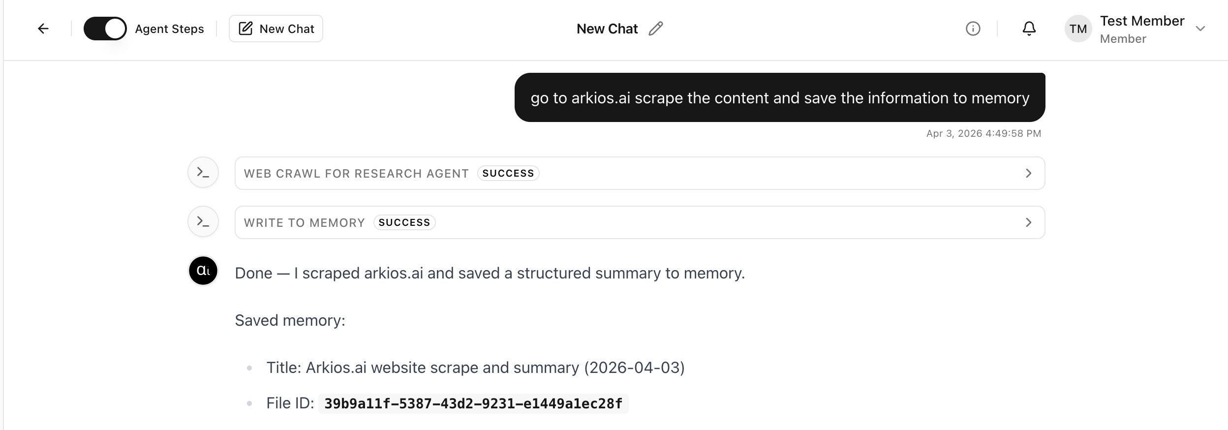 Agent run showing memory write success