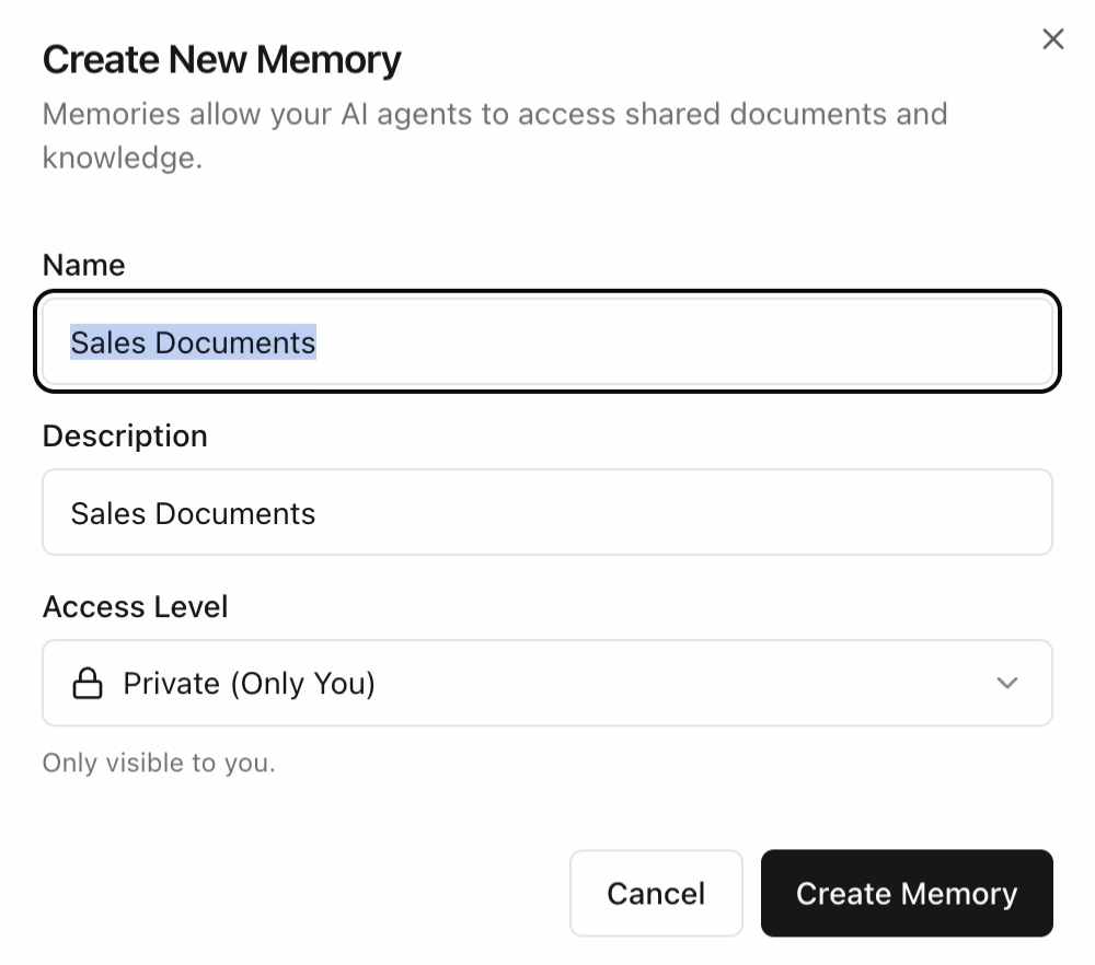 Create New Memory modal