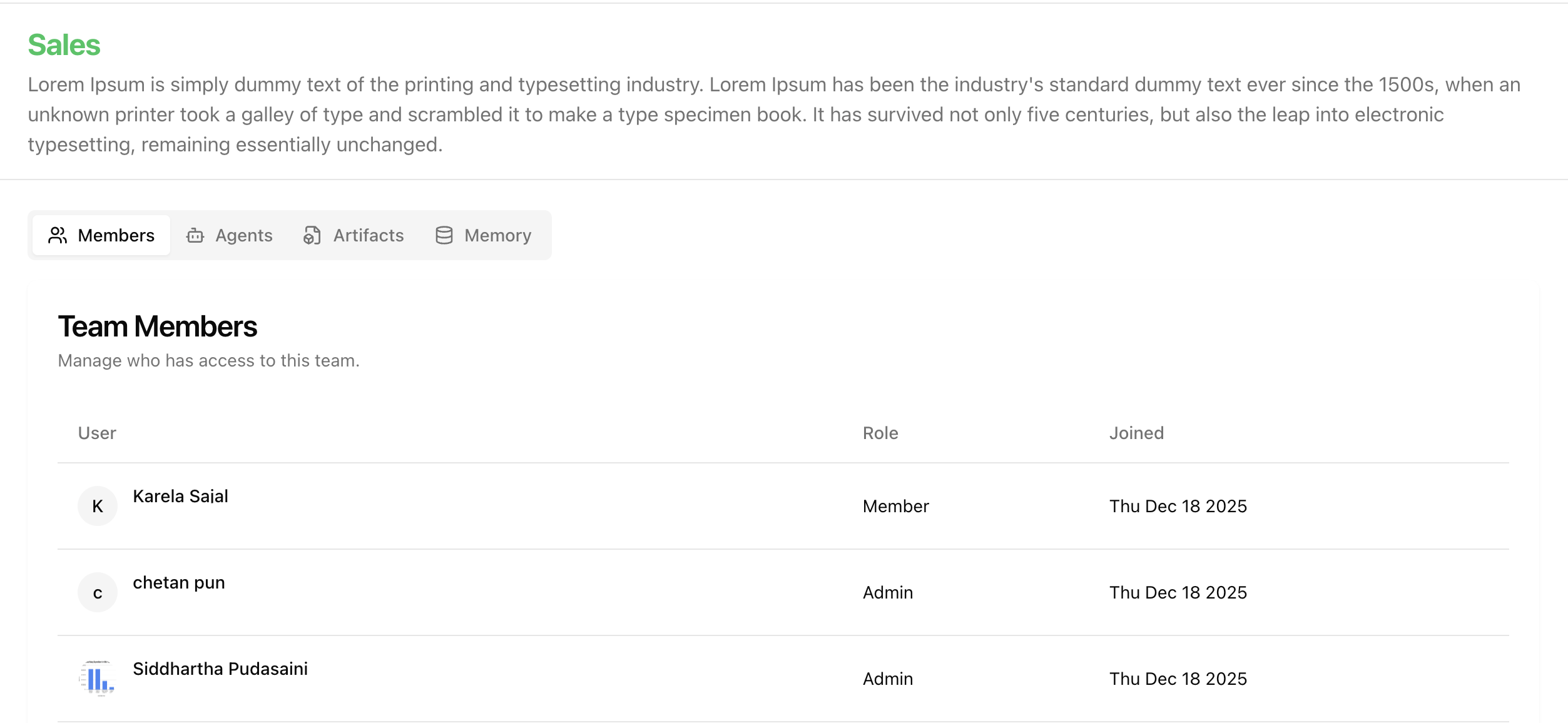Team members tab